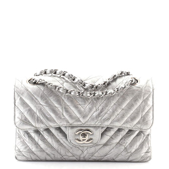 Chanel Classic Double Flap Bag Chevron Crumpled Metallic Patent Small