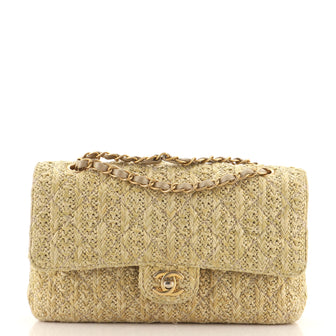 Chanel Beige Raffia Quilted Classic Double Flap Medium Gold