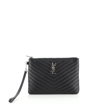 Saint Laurent Classic Monogram Wristlet Pouch Matelasse Chevron Leather Small