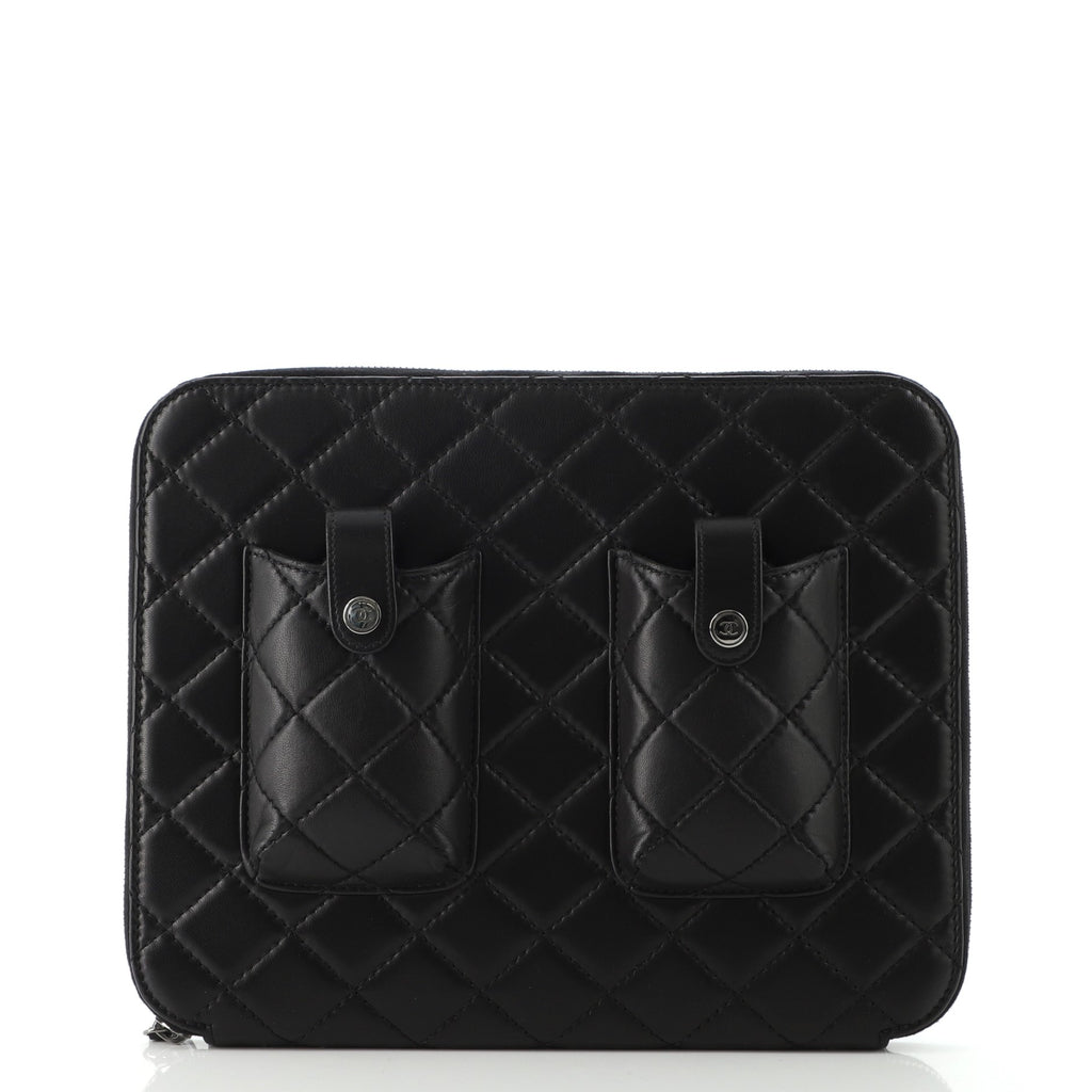 Chanel Double Pocket Zip Around Ipad Case Quilted Lambskin Black 1297785
