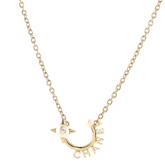 Chanel Logo Semicircle Pendant Short Necklace Metal with Faux Pearls