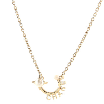 Chanel Logo Semicircle Pendant Short Necklace Metal with Faux Pearls