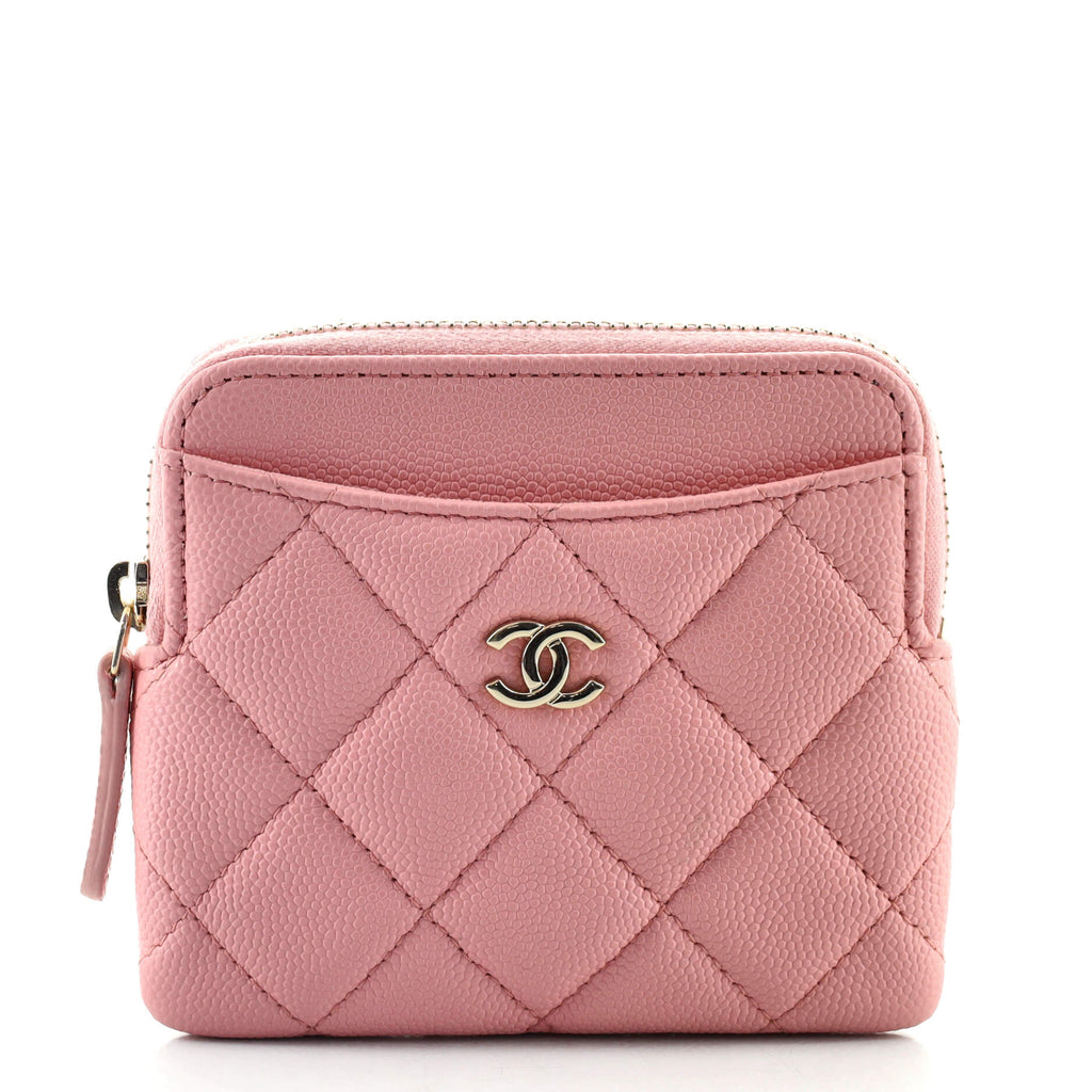 Chanel Square Zip Around Card Holder Wallet Quilted Caviar Pink 1300351