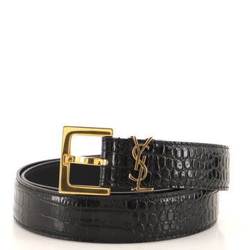 Saint Laurent Classic Monogram Square Buckle Belt Crocodile Embossed Leather Medium