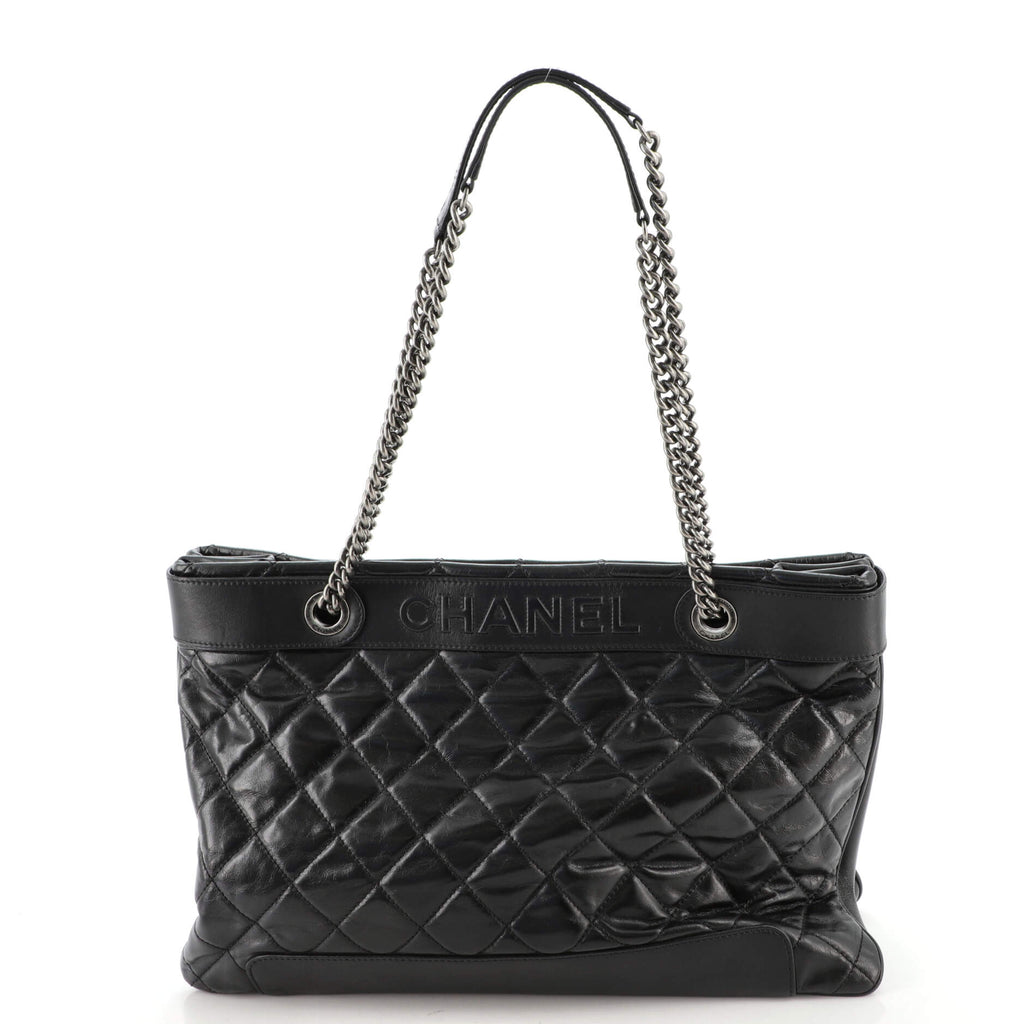 CHANEL Aged Calfskin Quilted Large Logo Shopping Tote Black