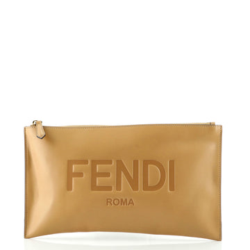 Fendi Logo Zip Pouch Embossed Leather Medium
