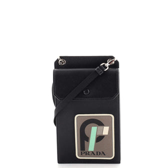 Prada Logo Patch Phone Holder Crossbody Bag Saffiano Leather Black