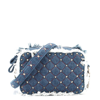 Valentino Rockstud Spike Camera Crossbody Bag Quilted Denim Small