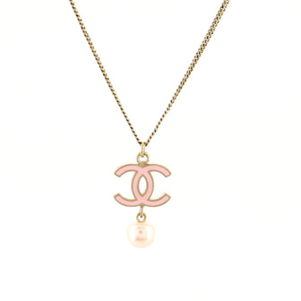 Chanel CC Drop Pendant Necklace Metal with Enamel and Faux Pearl