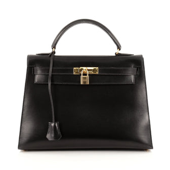 Hermes Kelly Handbag Black Box Calf with Gold Hardware 32