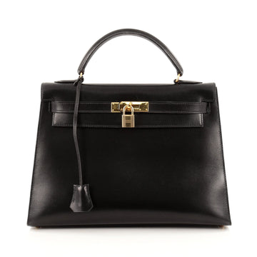 Hermes Kelly Handbag Black Box Calf with Gold Hardware 32