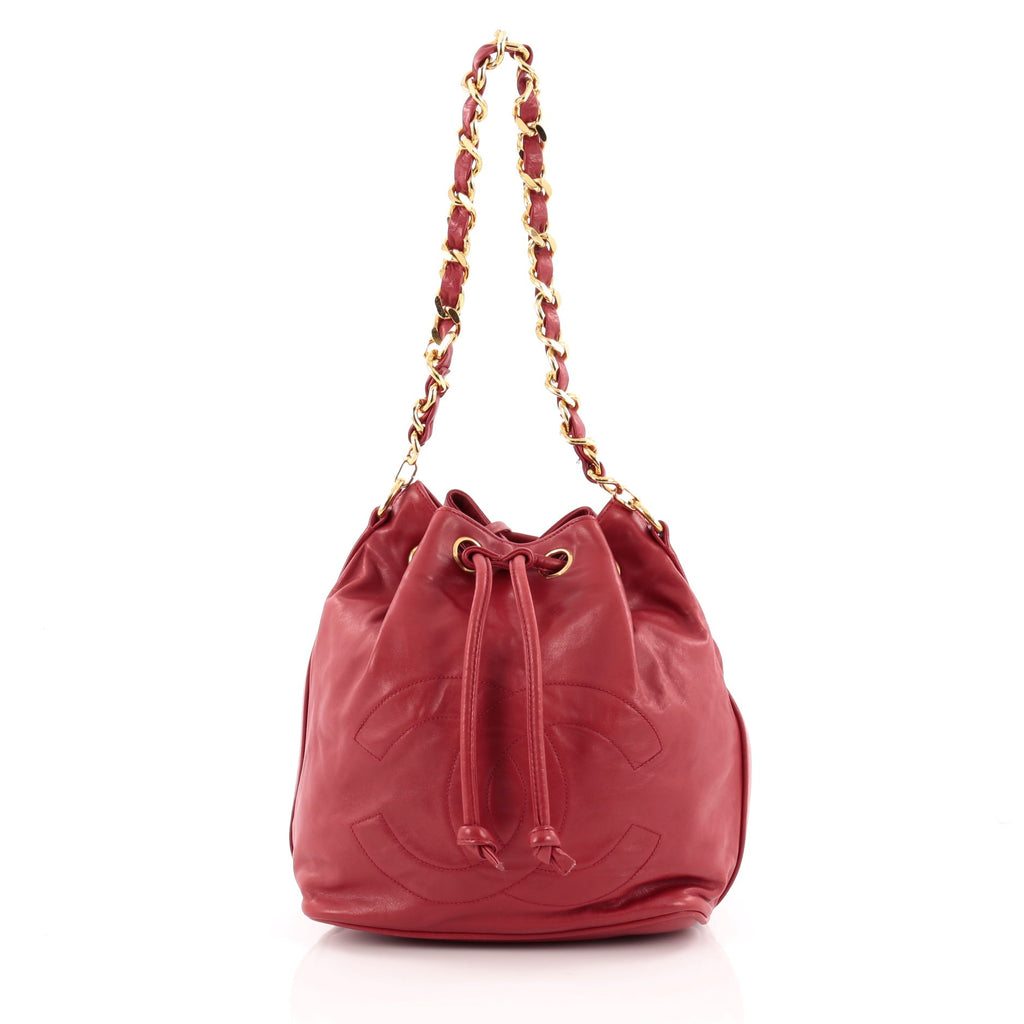 What Goes Around Comes Around Chanel Red Lambskin Chevron Bucket Bag