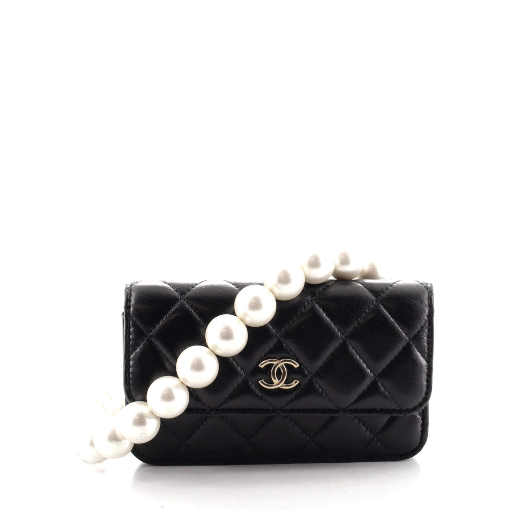 Chanel Pearl Strap Clutch with Chain Quilted Calfskin Black 1311721