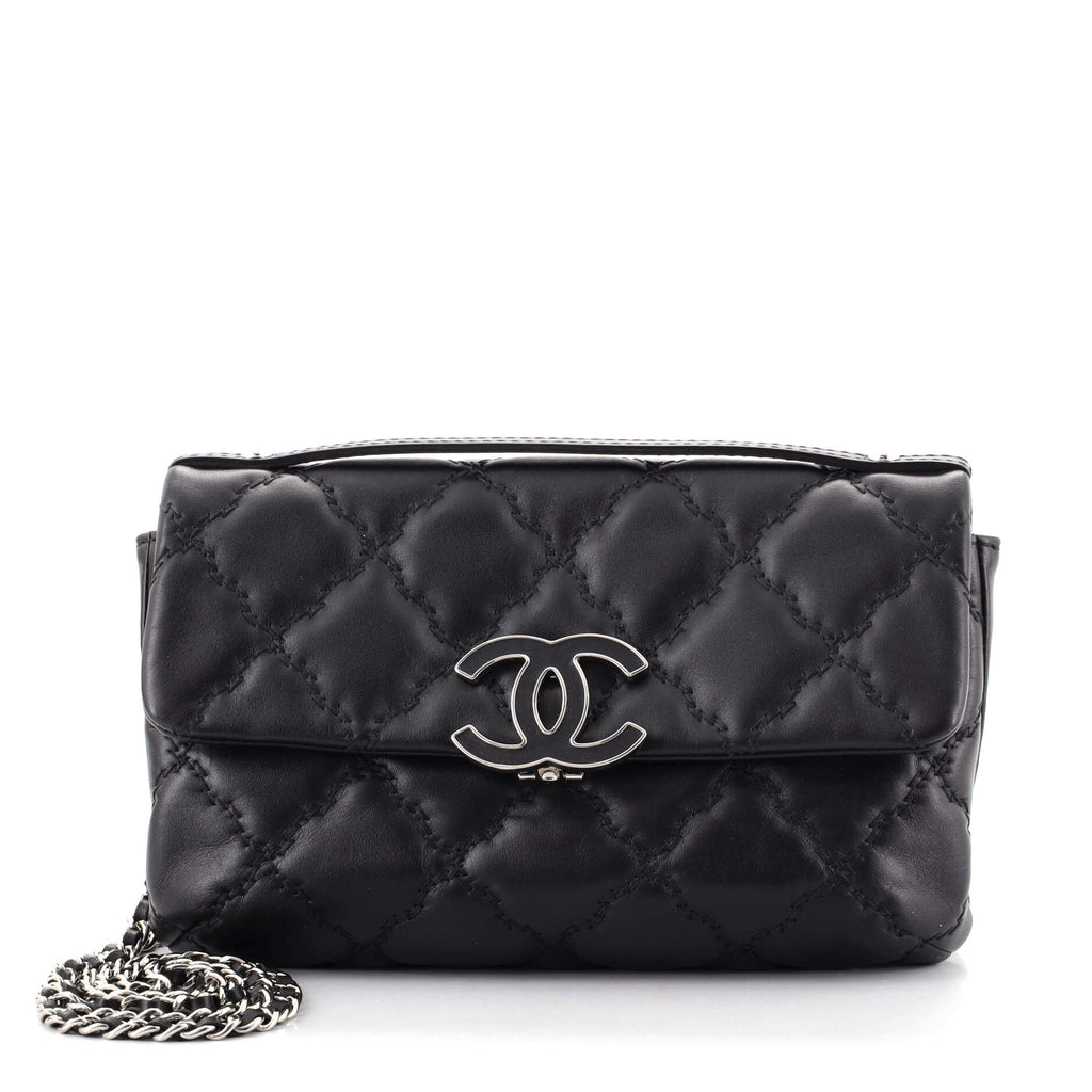 Chanel Double Stitch Hamptons Flap Bag Quilted Calfskin Mini Black 1312091
