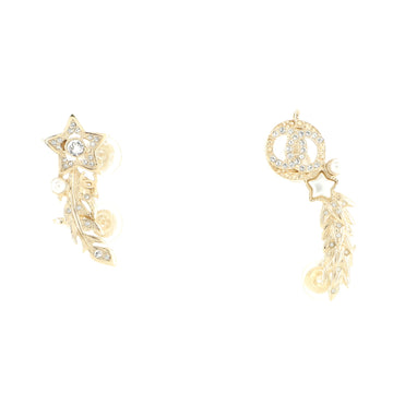 Chanel Star Feather Ear Climber Earrings Crystal Embellished Metal with Faux Pearls