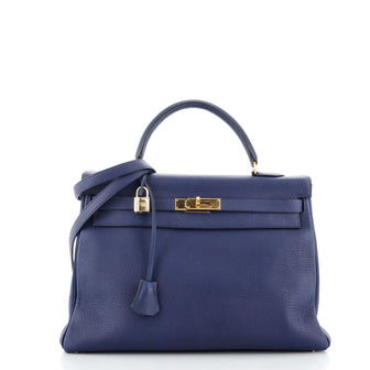 Hermes Kelly Handbag Blue Clemence with Gold Hardware 35
