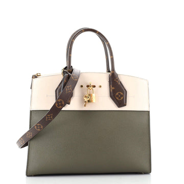 Louis Vuitton City Steamer Handbag Leather with Monogram Canvas MM