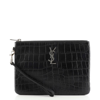 Saint Laurent Classic Monogram Wristlet Pouch Crocodile Embossed Leather Small