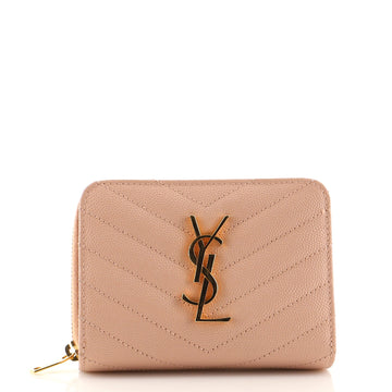 Saint Laurent Classic Monogram Zip Around Wallet Matelasse Chevron Leather Compact
