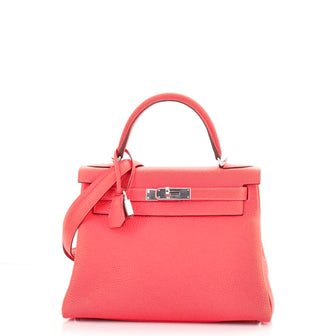 Hermes Kelly Handbag Pink Clemence with Palladium Hardware 28