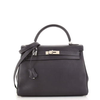 Hermes Kelly Handbag Blue Togo with Palladium Hardware 32