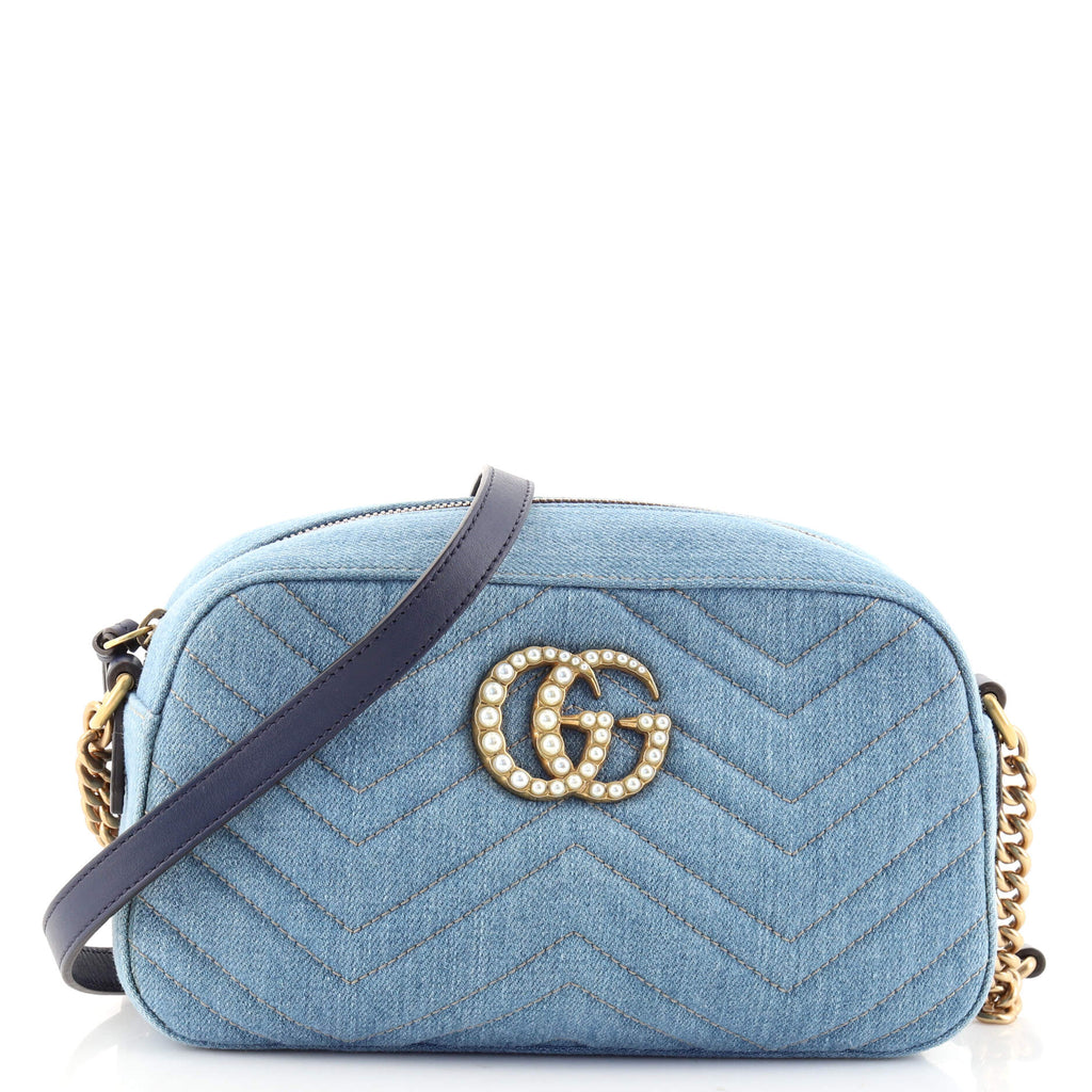 GUCCI Denim Matelasse Small Pearly GG Marmont Shoulder Bag Blue 1312412