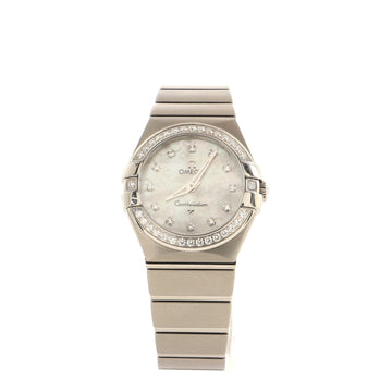 Omega Constellation Quartz Watch Stainless Steel with Diamond Bezel and Markers and Mother of Pearl 27