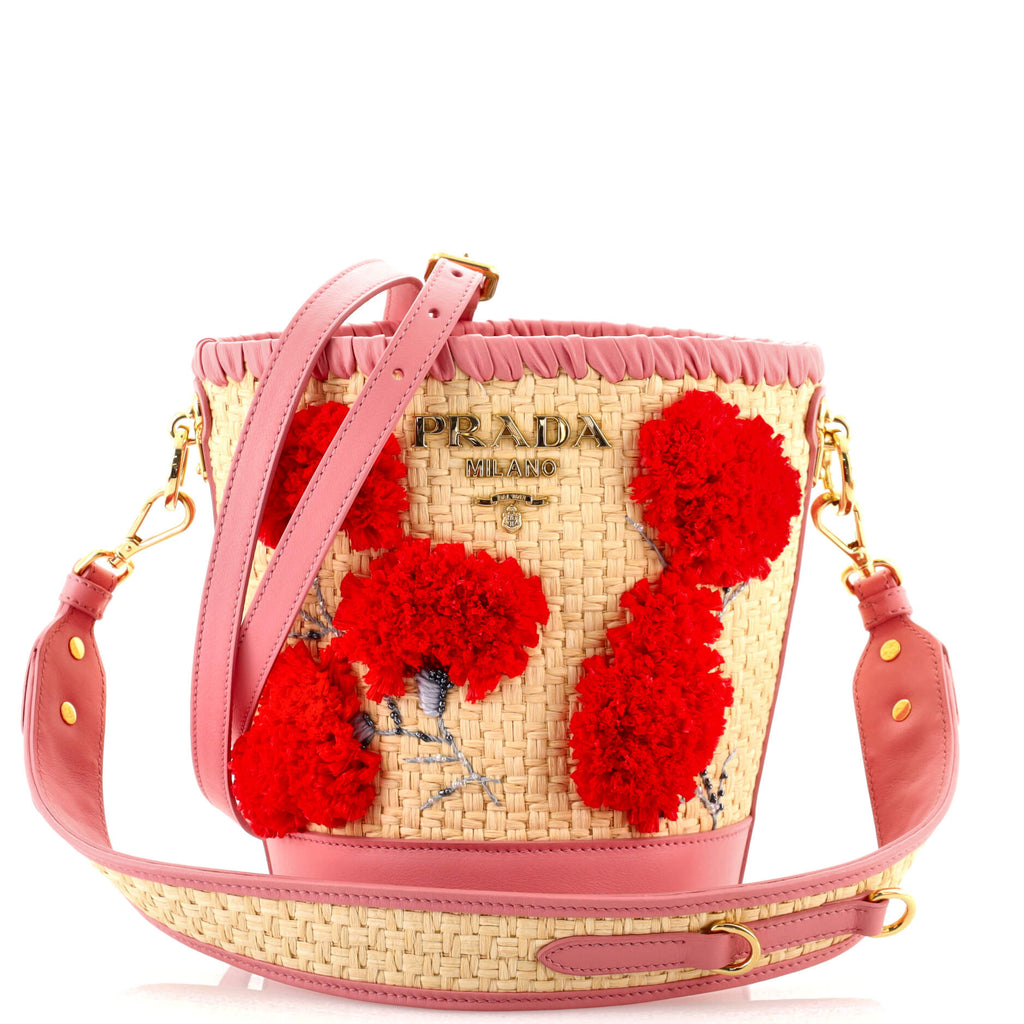 Prada Bucket Bag Woven Raffia with Leather with Applique Small