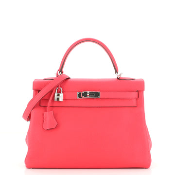 Hermes Kelly Handbag Pink Clemence with Palladium Hardware 32