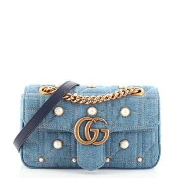 Gucci Pearly GG Marmont Flap Bag Embellished Matelasse Denim Mini