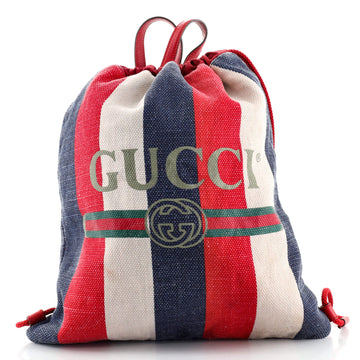 Gucci Logo Drawstring Backpack Striped Canvas Large