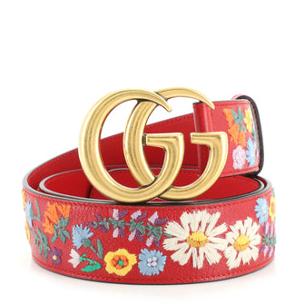 Gucci GG Marmont Belt Flower Embroidered Leather Wide