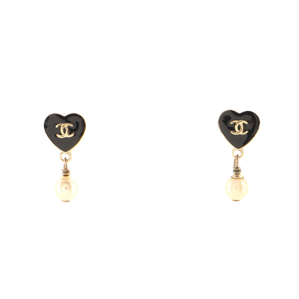 Chanel CC Heart Dangle Earrings Metal with Faux Pearls and Enamel Black  13305227