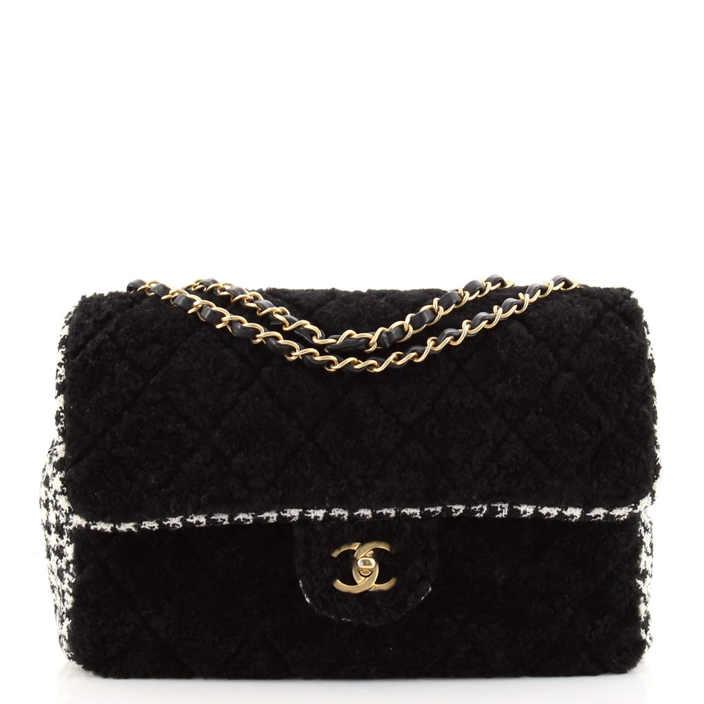 Chanel Classic Single Flap Bag Quilted Shearling and Tweed Large Black  1330525