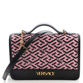 Versace Top Handle Shoulder Bag La Greca Signature Coated Canvas