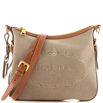 Prada Logo Messenger Bag Canvas with Leather Small