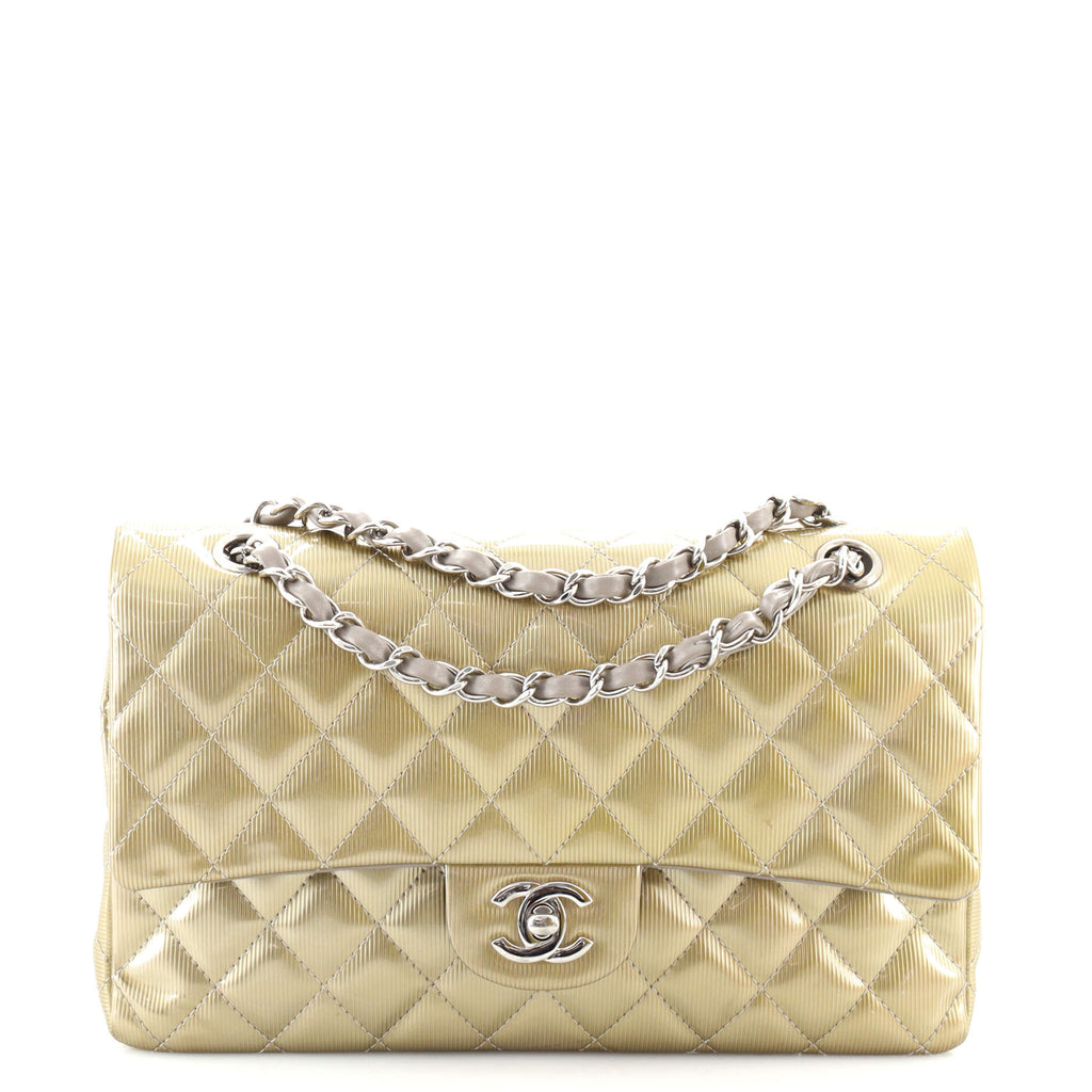 Chanel Classic Double Flap Bag Quilted Striated Metallic Patent Medium Gold  133336161