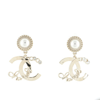 Chanel Coco Script CC Drop Earrings Metal with Faux Pearls and Crystals