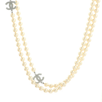 Chanel CC Long Necklace Faux Pearls and Crystal Embellished Metal