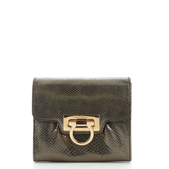 Salvatore Ferragamo Gancio Flap Wallet Snake Embossed Leather Compact