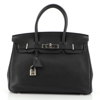 Hermes Birkin Handbag Black Clemence with Palladium Hardware 30
