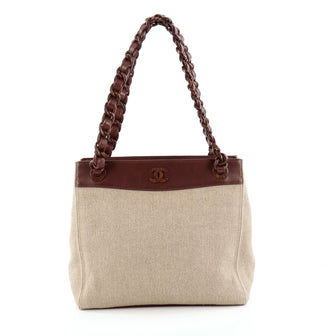 Chanel Vintage Wood Chain CC Tote Canvas with Leather Medium