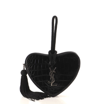 Saint Laurent Heart Tassel Clutch Crocodile Embossed Patent Black