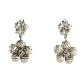 Chanel Vintage Camellia Dangling Clip-On Earrings Quilted Metal