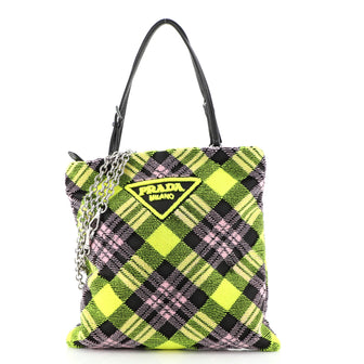 Prada Convertible Flat Zip Chain Tote Plaid Velvet
