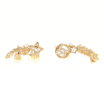 Chanel CC Star Feather Wheat Clip-On Climber Earrings Metal with Crystals and Faux Pearls