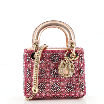 Christian Dior Rose des Vents Lady Dior Bag Embellished Metallic Calfskin with Satin Mini
