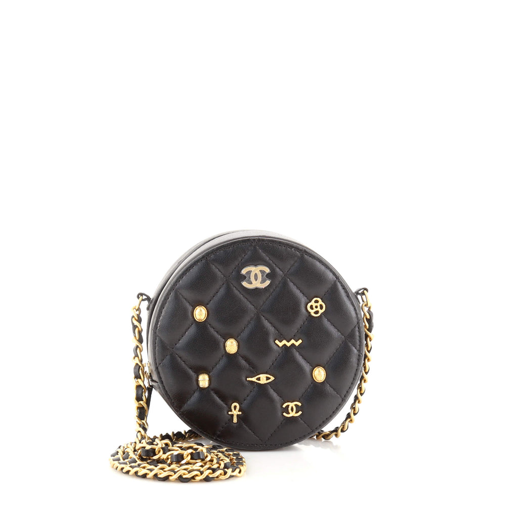 Chanel Egyptian Amulet Round Chain Clutch Quilted Calfskin Mini Black  134333402