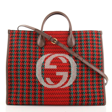 Gucci Interlocking G Shopping Tote Houndstooth Tweed Large