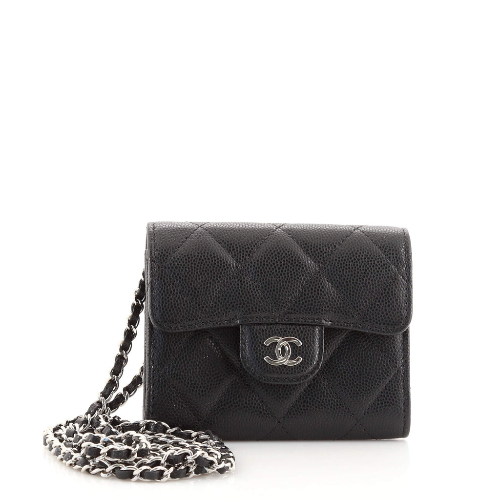 Chanel CC Pearl Coin Card Holder with Chain Quilted Caviar Black 192381126